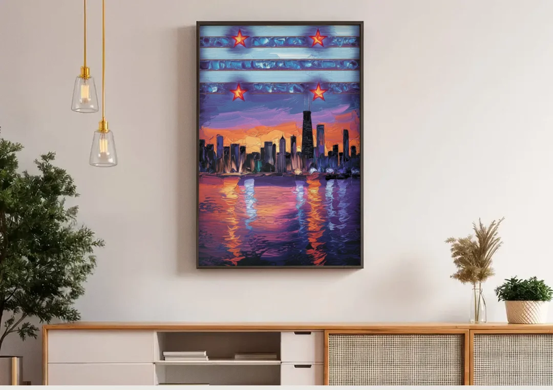 Chicago Flag Inspired Design canvas wall art above a wooden sideboard under pendant lights