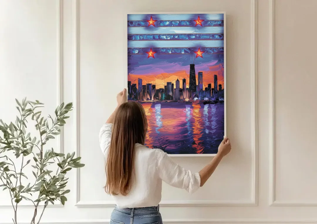 Chicago Flag Inspired Design canvas wall art being hung on a paneled wall