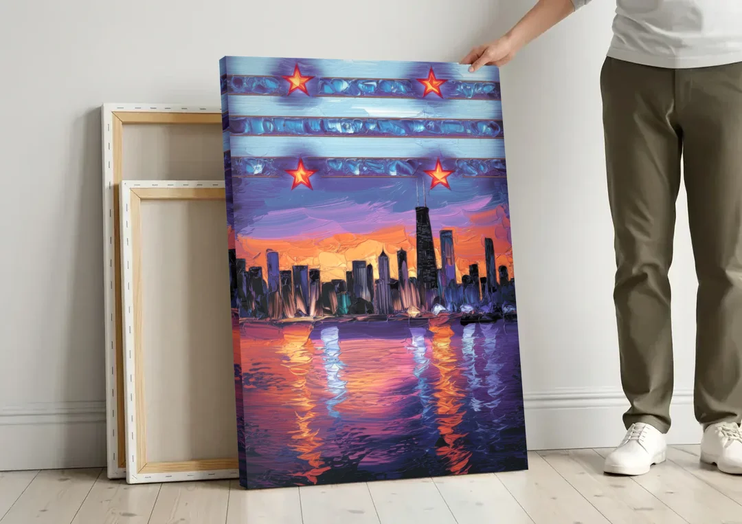 Chicago Flag Inspired Design canvas wall art leaning against a wall next to blank canvases