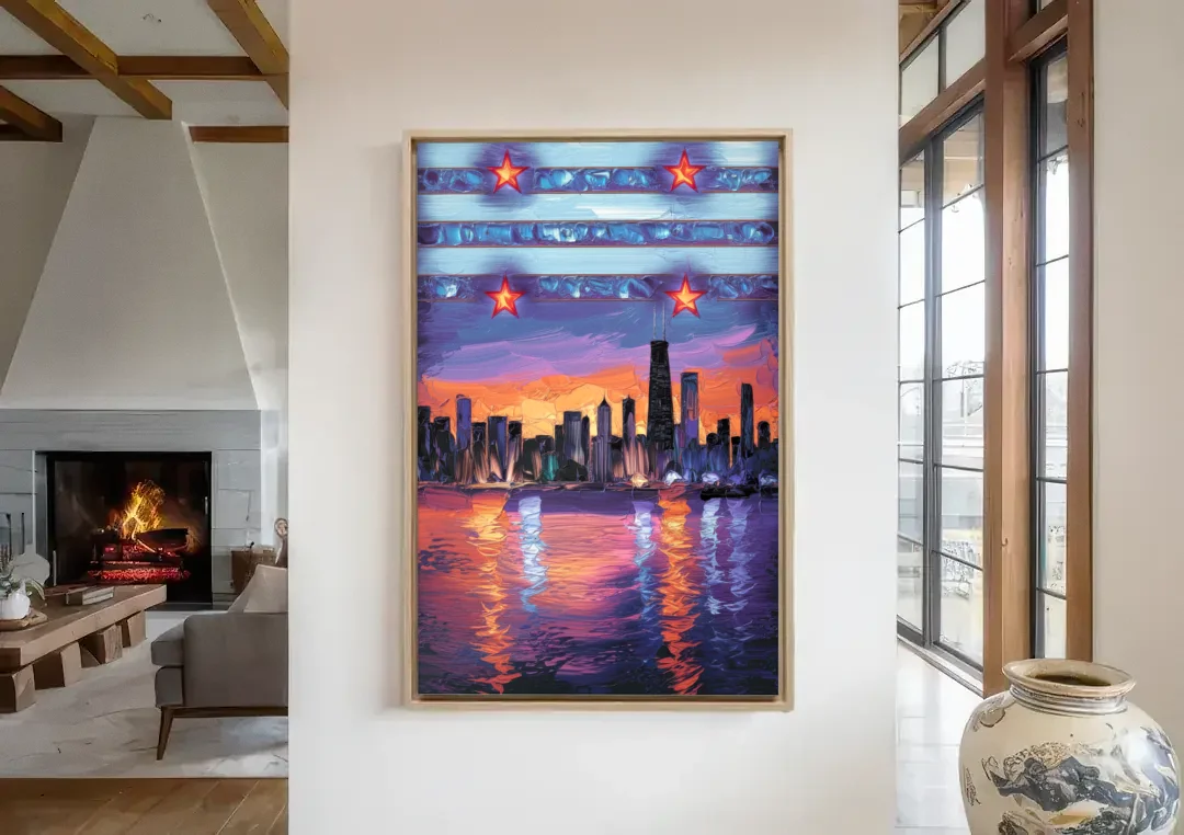 Chicago Flag Inspired Design canvas wall art in a living room with a fireplace