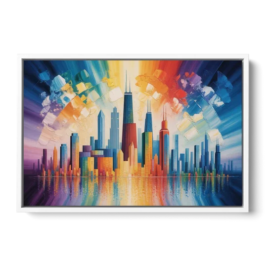 Chicago Geometric Skyline Abstraction - White Framed Canvas Wall Art - Front