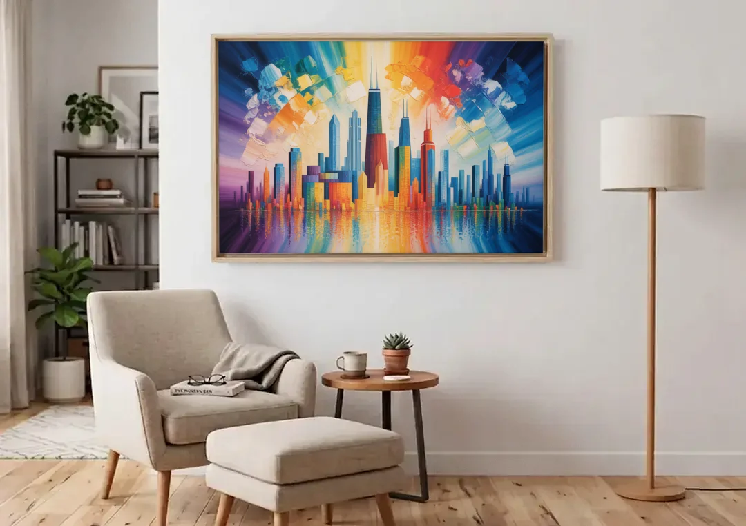 Chicago Geometric Skyline Abstraction canvas wall art above an armchair in a bright living room