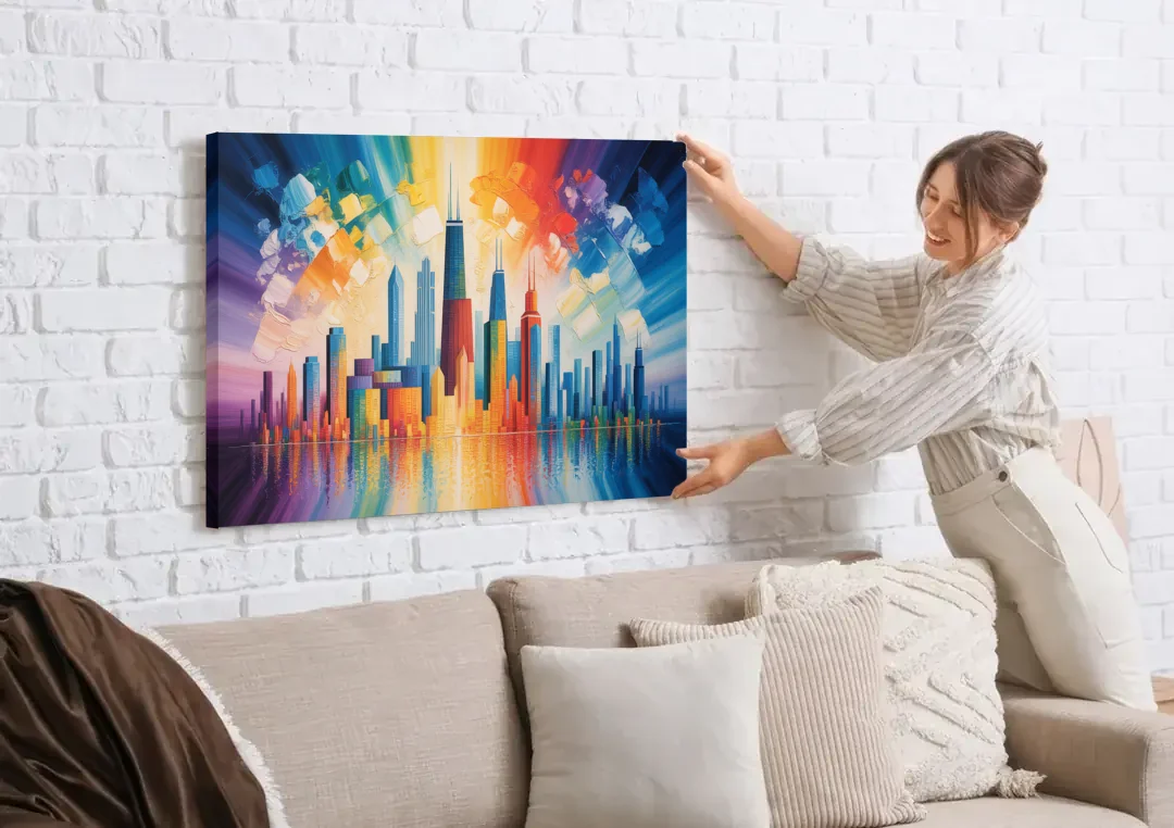 Chicago Geometric Skyline Abstraction canvas wall art being hung on a white brick wall above a sofa