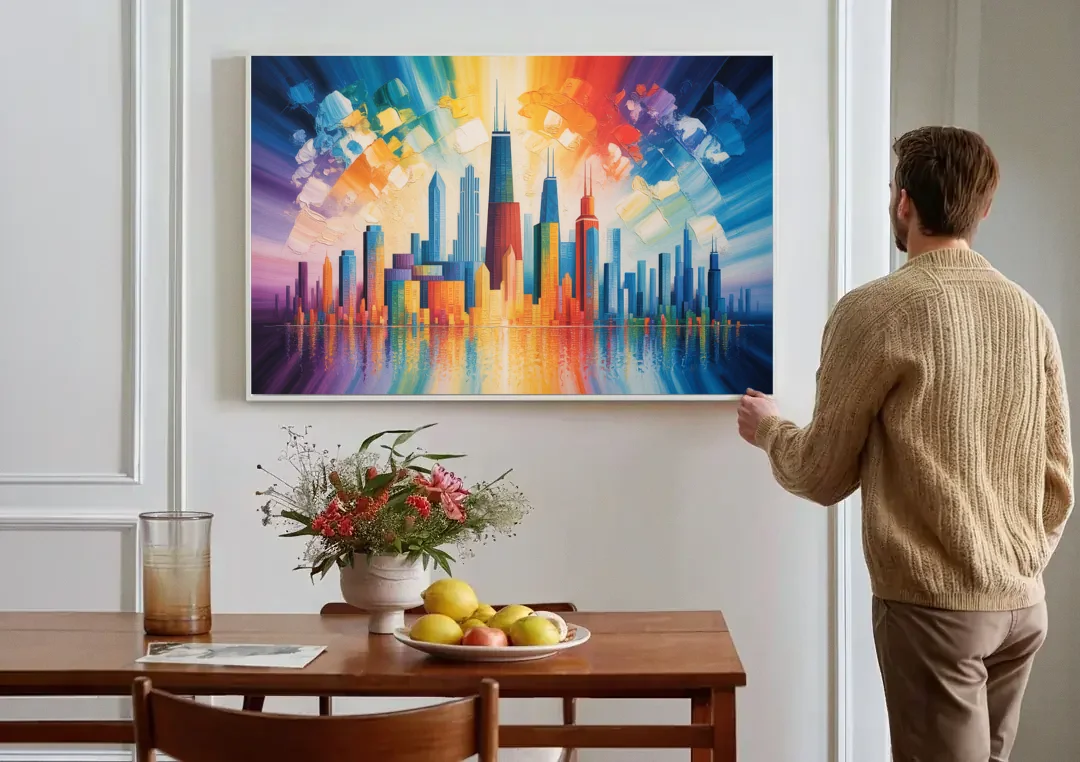 Chicago Geometric Skyline Abstraction canvas wall art above a dining table
