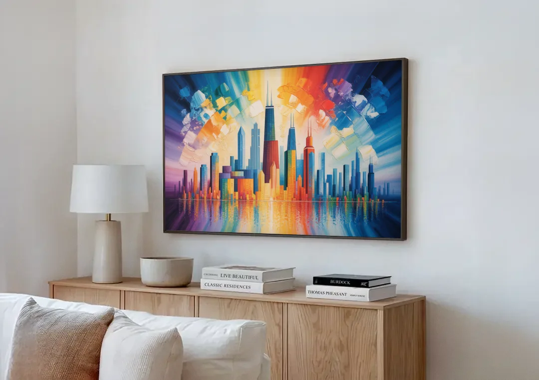 Chicago Geometric Skyline Abstraction canvas wall art above a wooden sideboard next to a sofa