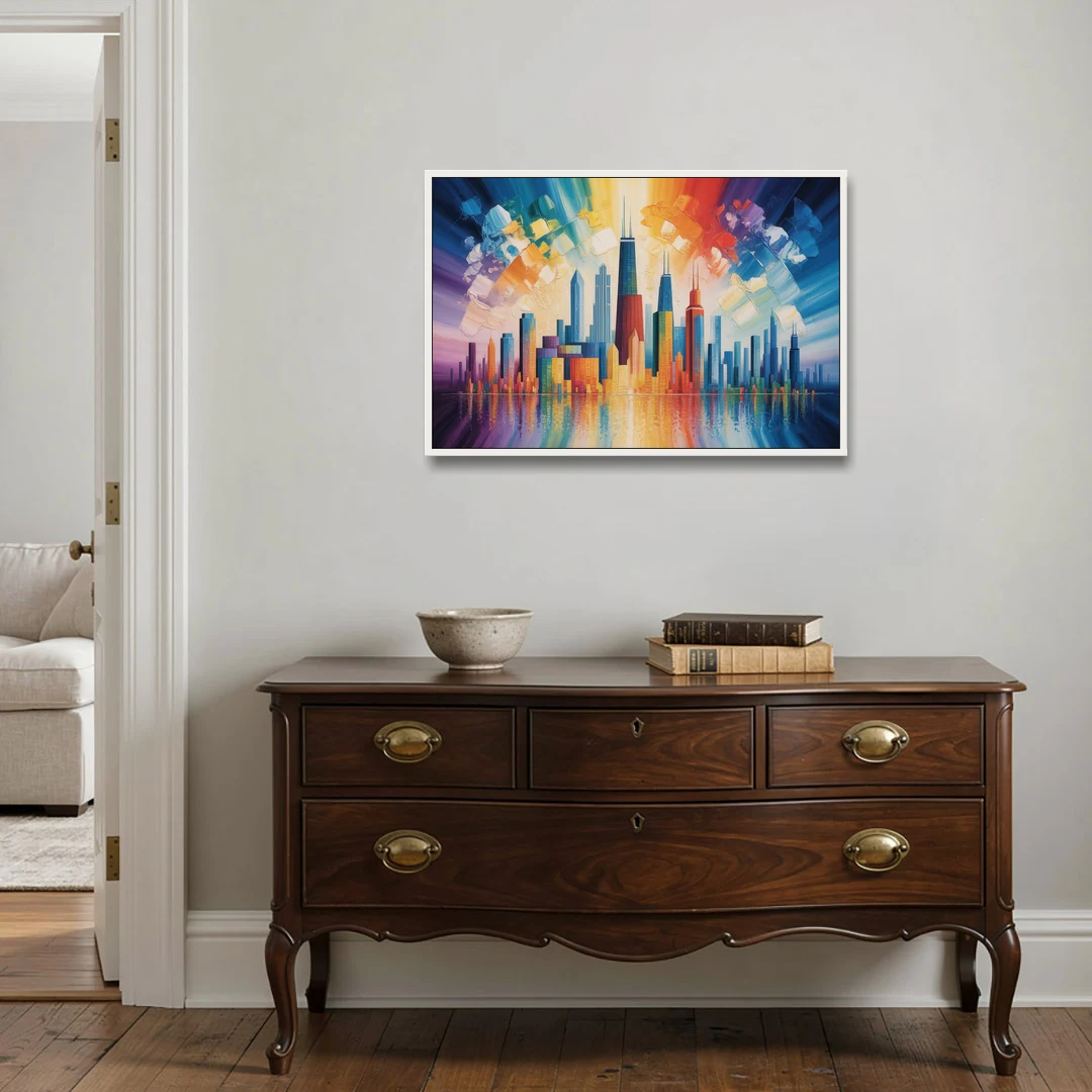 Chicago Geometric Skyline Abstraction - White Framed Canvas Wall Art - Coffee Table - 36x24