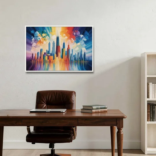 Chicago Geometric Skyline Abstraction - White Framed Canvas Wall Art - Office - 36x24