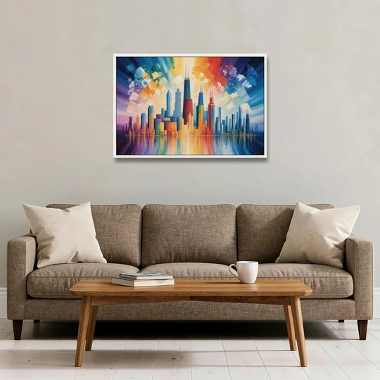 Chicago Geometric Skyline Abstraction - White Framed Canvas Wall Art - Sofa - 36x24