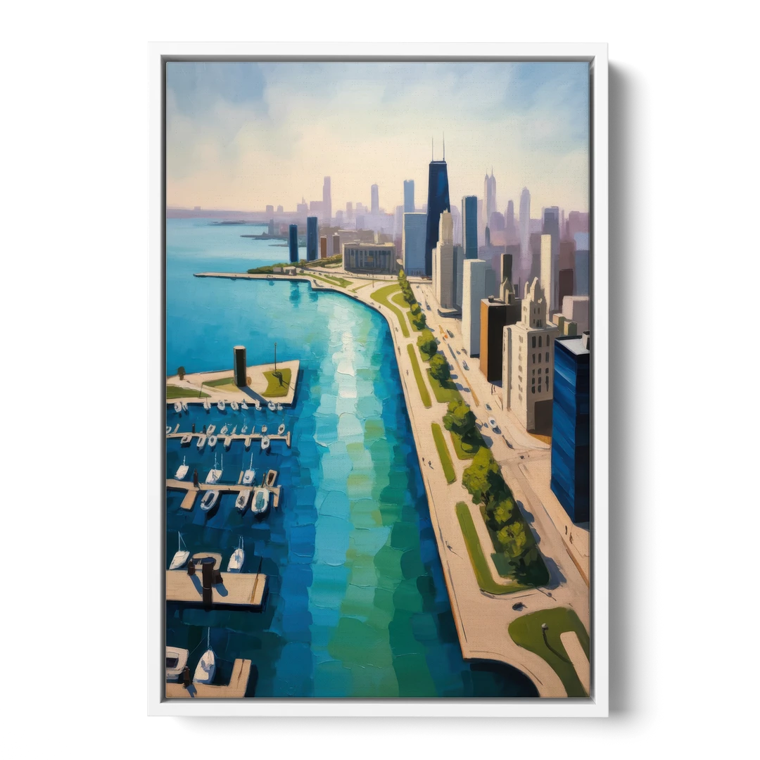Chicago Harbor Aerial View - White Framed Canvas Wall Art - Front