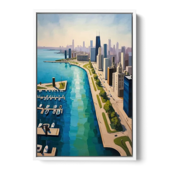 Chicago Harbor Aerial View - White Framed Canvas Wall Art - Front