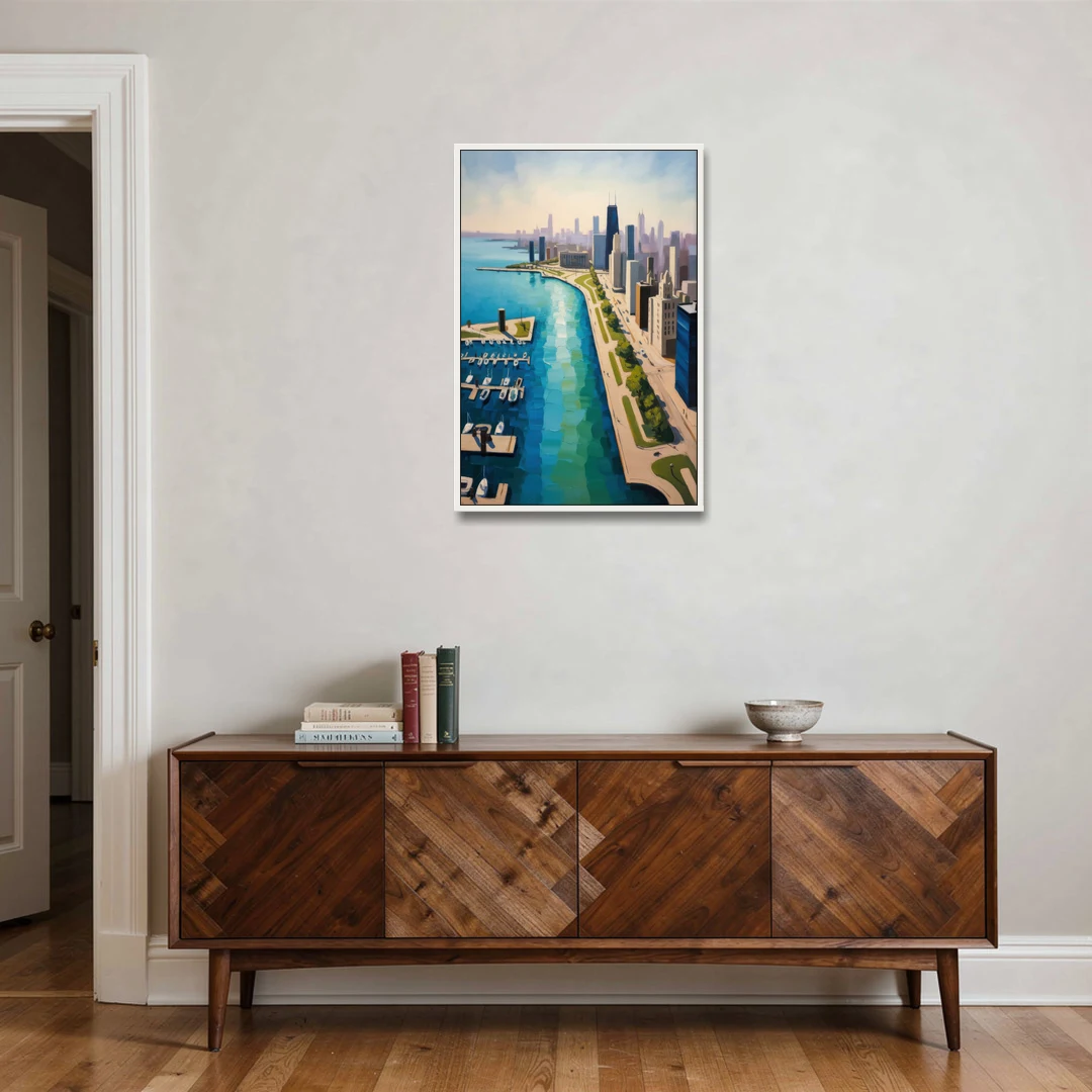 Chicago Harbor Aerial View - White Framed Canvas Wall Art - Coffee Table - 24x36