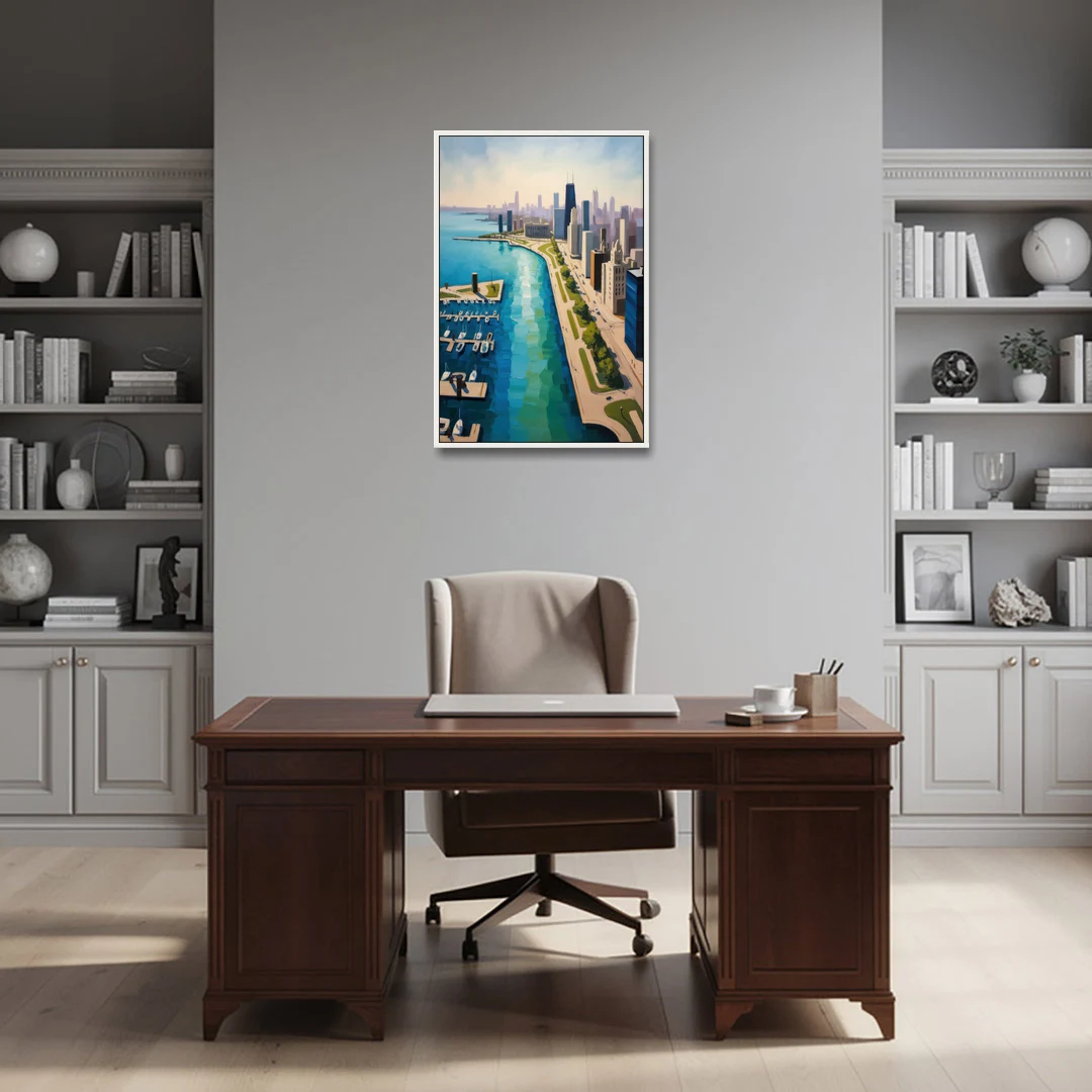 Chicago Harbor Aerial View - White Framed Canvas Wall Art - Office - 24x36