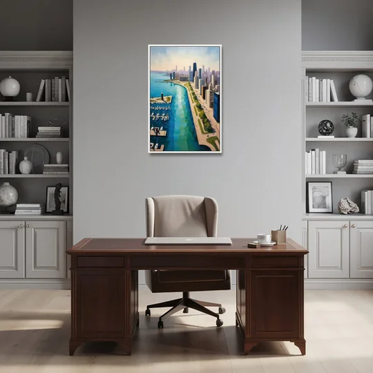 Chicago Harbor Aerial View - White Framed Canvas Wall Art - Office - 24x36