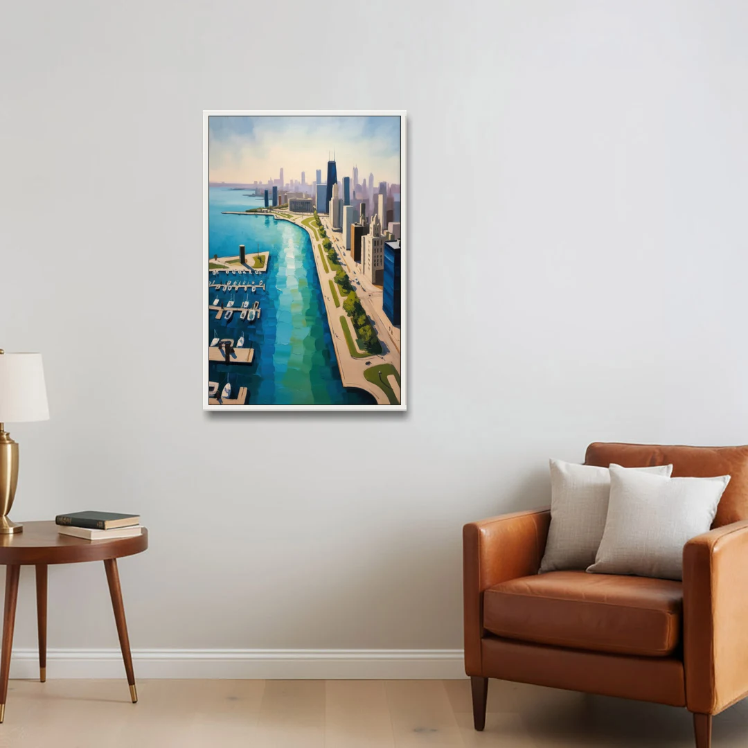 Chicago Harbor Aerial View - White Framed Canvas Wall Art - Sofa - 24x36