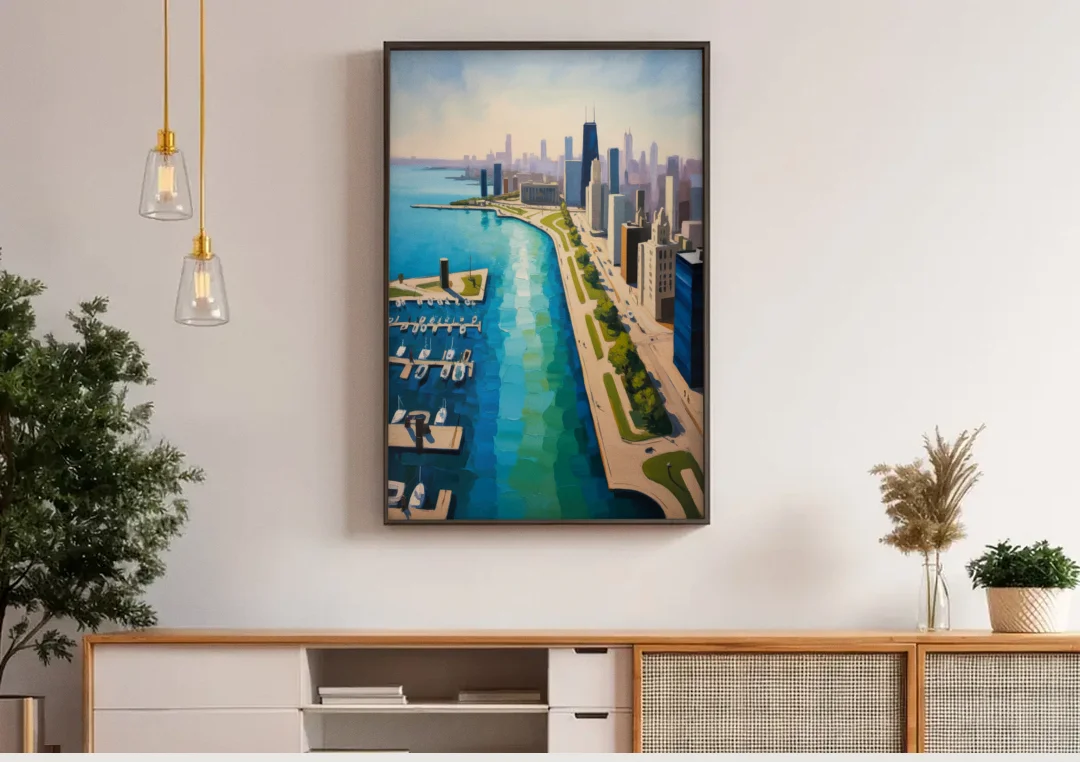 Chicago Harbor Aerial View canvas wall art above a wooden sideboard under pendant lights