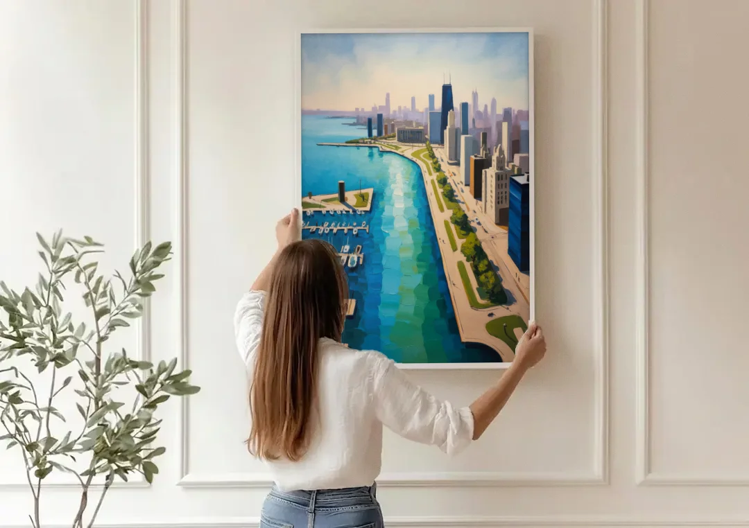 Chicago Harbor Aerial View canvas wall art being hung on a paneled wall