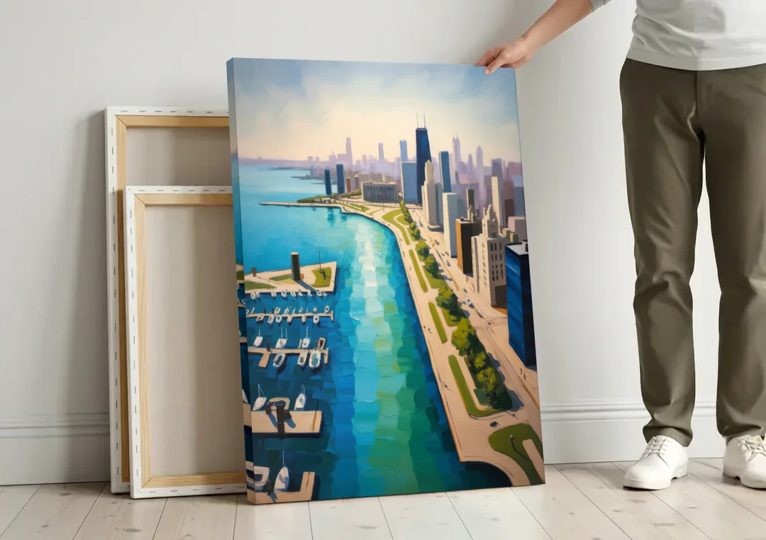 Chicago Harbor Aerial View canvas wall art leaning against a wall next to blank canvases