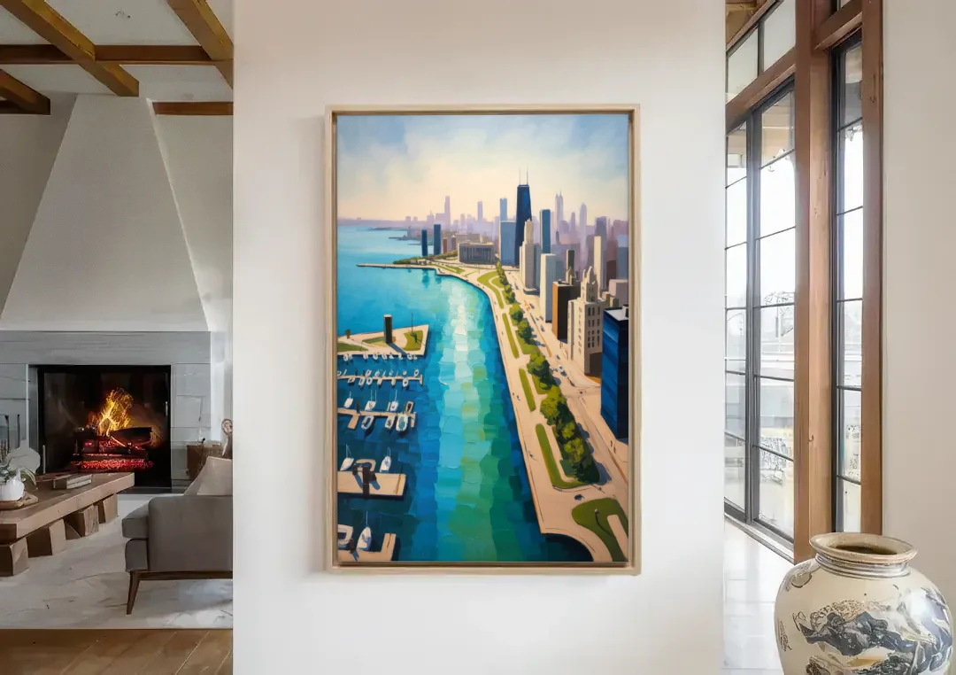 Chicago Harbor Aerial View canvas wall art in a living room with a fireplace