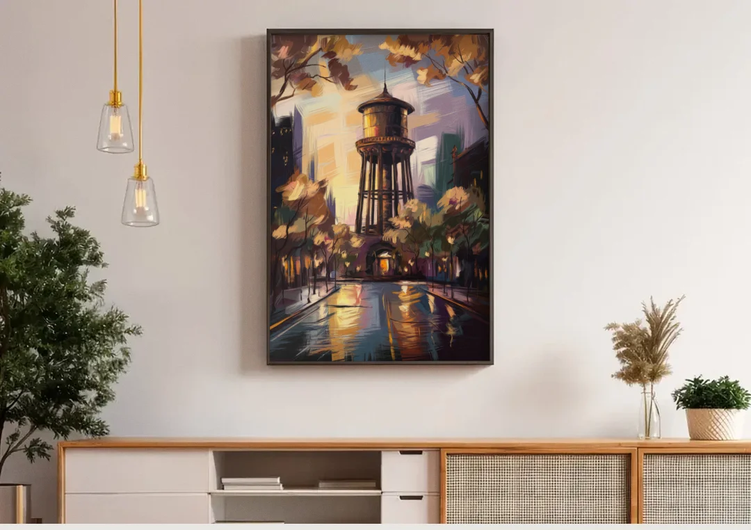 Chicago Historic Water Tower canvas wall art above a wooden sideboard under pendant lights
