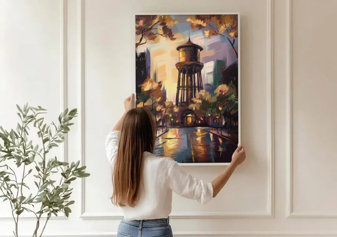 Chicago Historic Water Tower canvas wall art being hung on a paneled wall