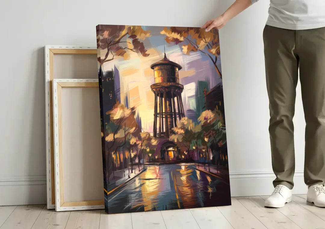 Chicago Historic Water Tower canvas wall art leaning against a wall next to blank canvases