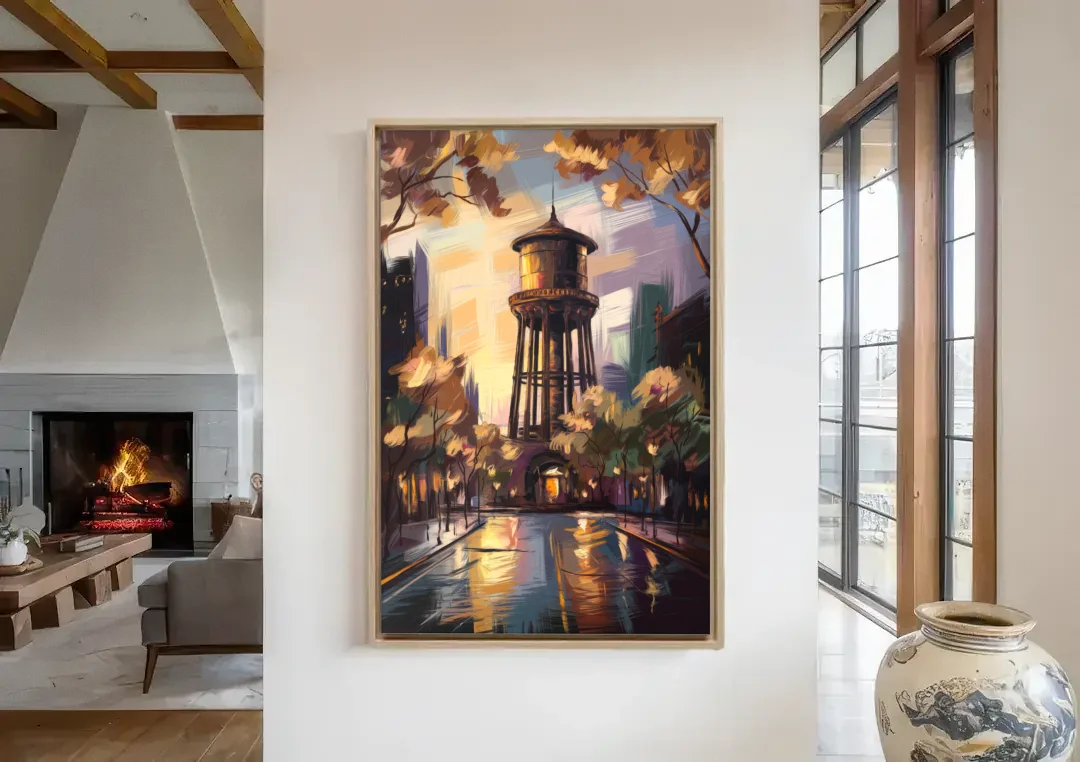Chicago Historic Water Tower canvas wall art in a living room with a fireplace