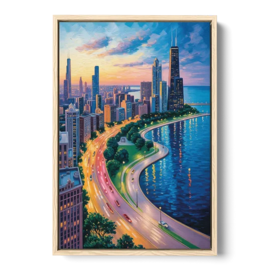 Chicago Lake Shore Drive - Oak Framed Canvas Wall Art - Front