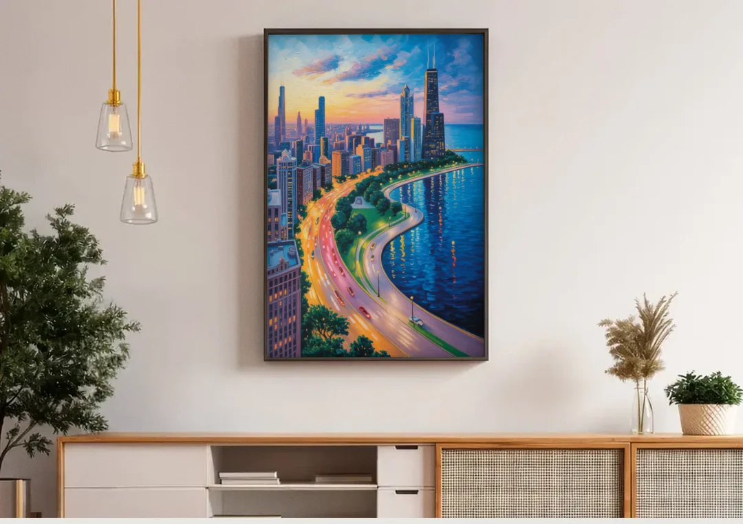 Chicago Lake Shore Drive canvas wall art above a wooden sideboard under pendant lights