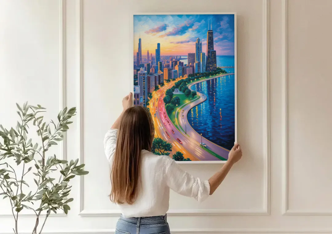 Chicago Lake Shore Drive canvas wall art being hung on a paneled wall