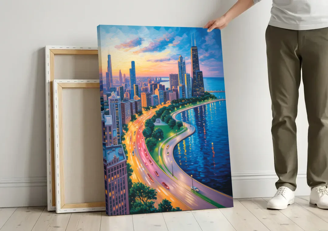 Chicago Lake Shore Drive canvas wall art leaning against a wall next to blank canvases