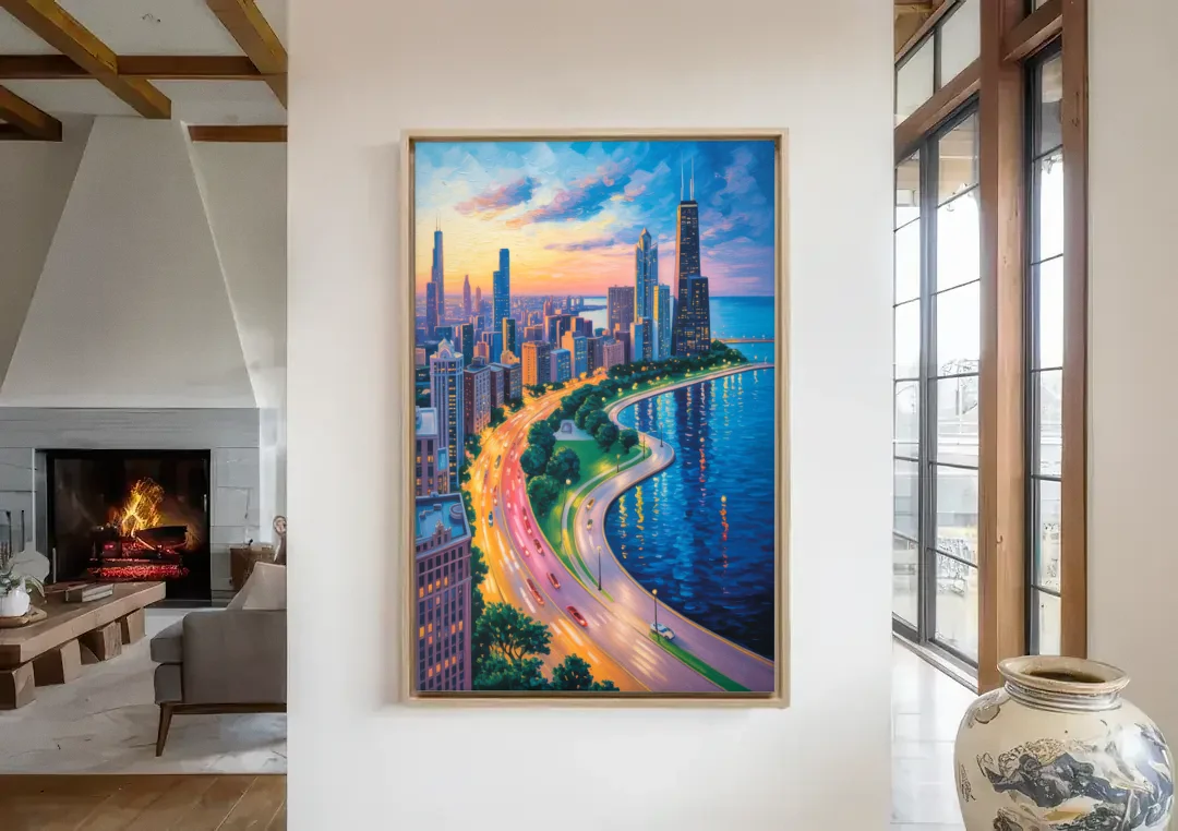 Chicago Lake Shore Drive canvas wall art in a living room with a fireplace