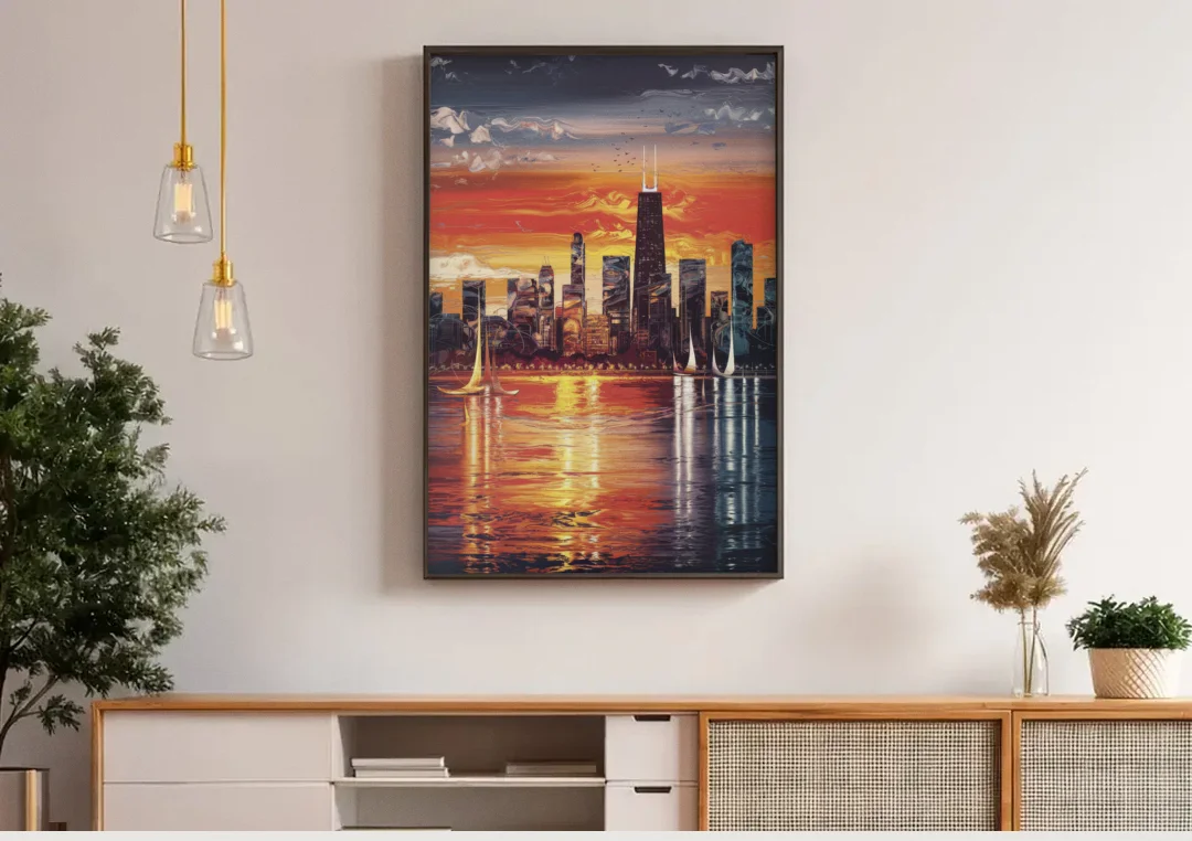 Chicago Lakefront Beauty canvas wall art above a wooden sideboard under pendant lights