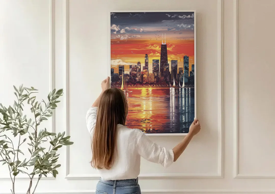 Chicago Lakefront Beauty canvas wall art being hung on a paneled wall