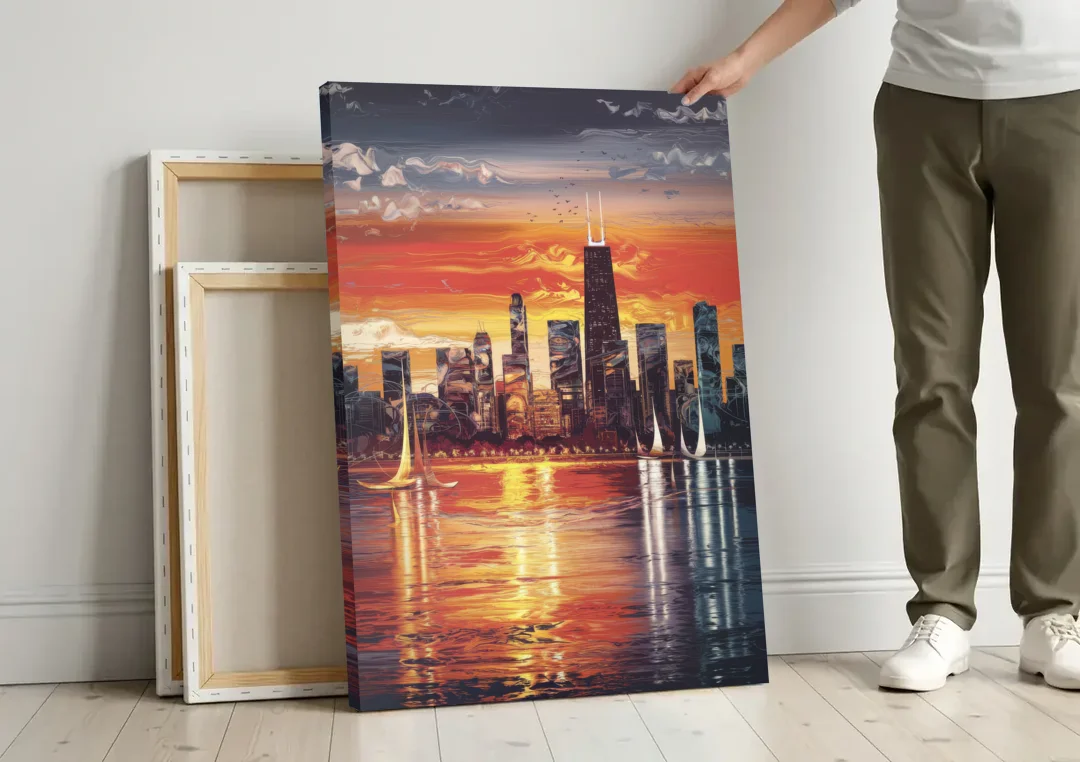 Chicago Lakefront Beauty canvas wall art leaning against a wall next to blank canvases