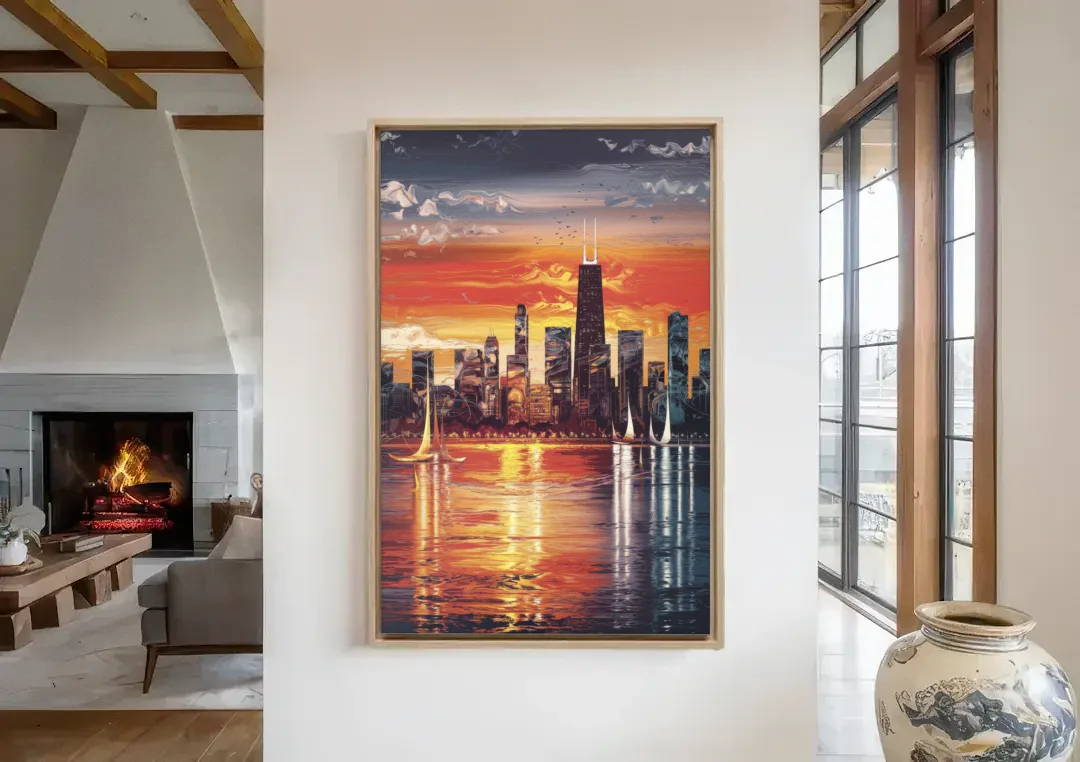 Chicago Lakefront Beauty canvas wall art in a living room with a fireplace
