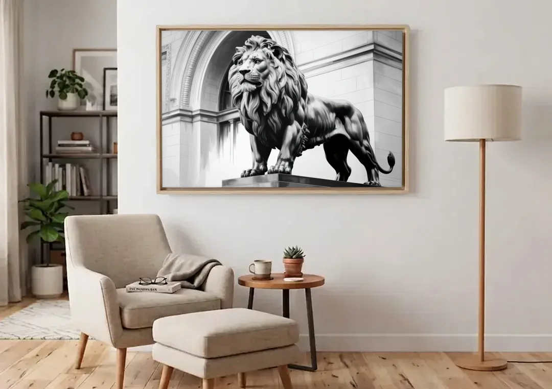 Chicago Lions at the Art Institute canvas wall art above an armchair in a bright living room