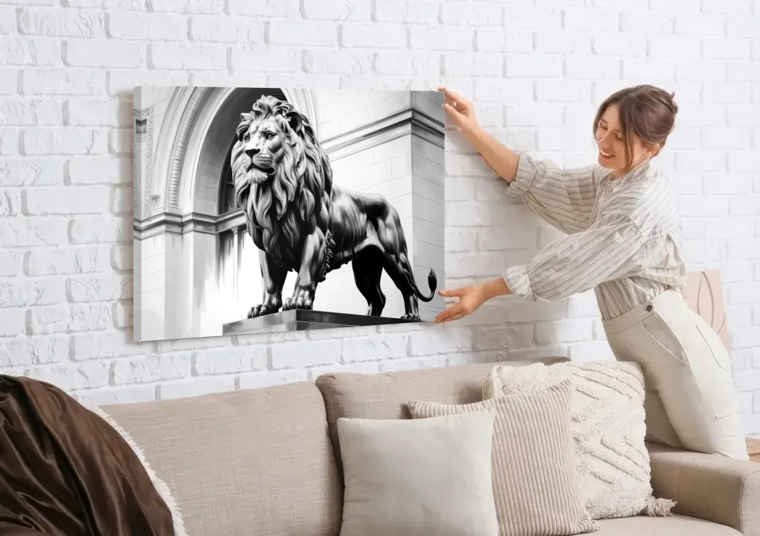 Chicago Lions at the Art Institute canvas wall art being hung on a white brick wall above a sofa