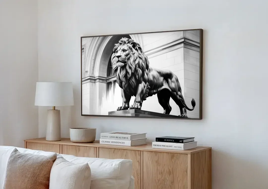 Chicago Lions at the Art Institute canvas wall art above a wooden sideboard next to a sofa
