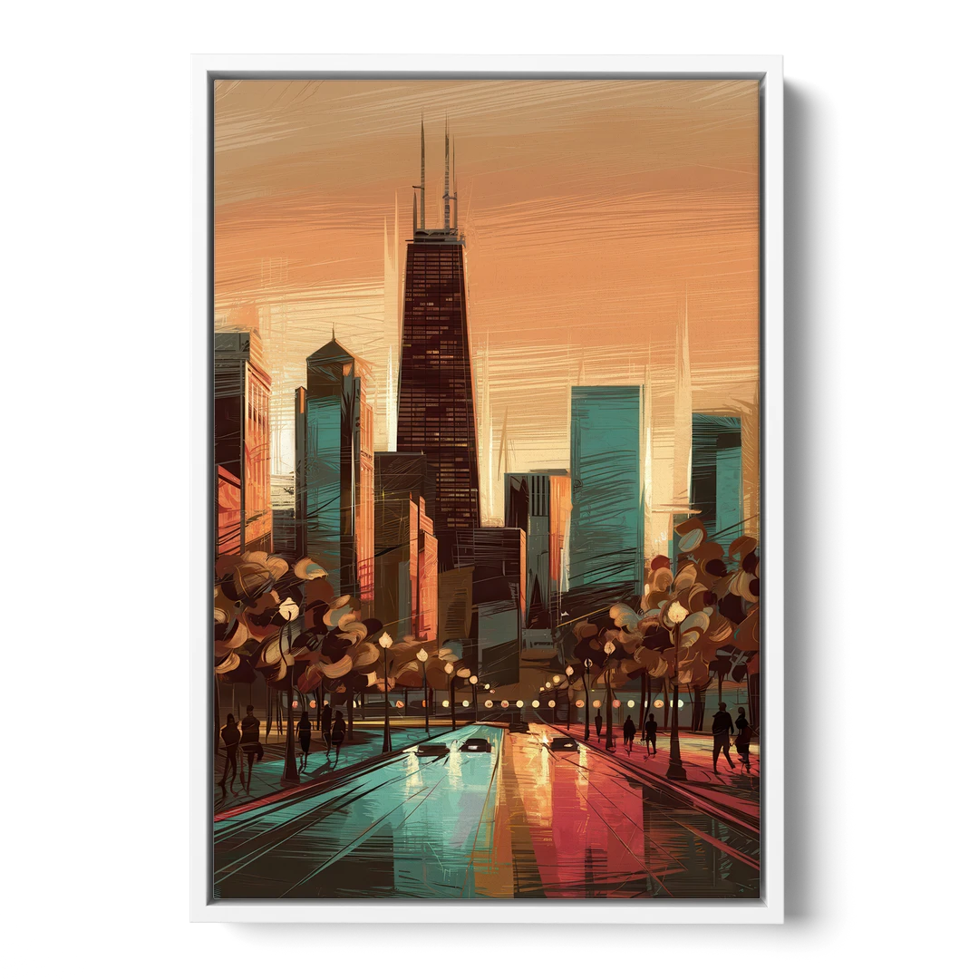 Chicago Magnificent Mile - White Framed Canvas Wall Art - Front