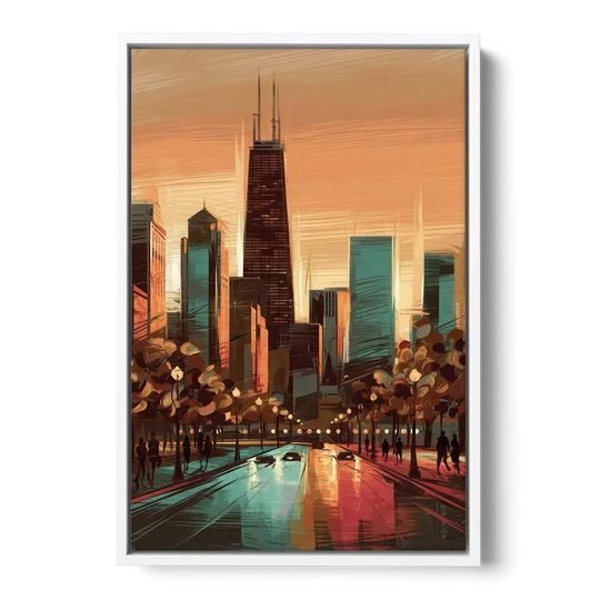 Chicago Magnificent Mile - White Framed Canvas Wall Art - Front