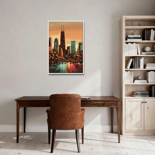 Chicago Magnificent Mile - White Framed Canvas Wall Art - Office - 24x36