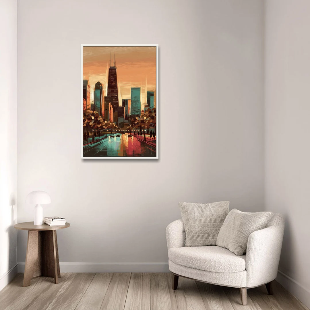 Chicago Magnificent Mile - White Framed Canvas Wall Art - Sofa - 24x36