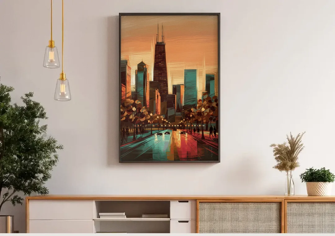 Chicago Magnificent Mile canvas wall art above a wooden sideboard under pendant lights