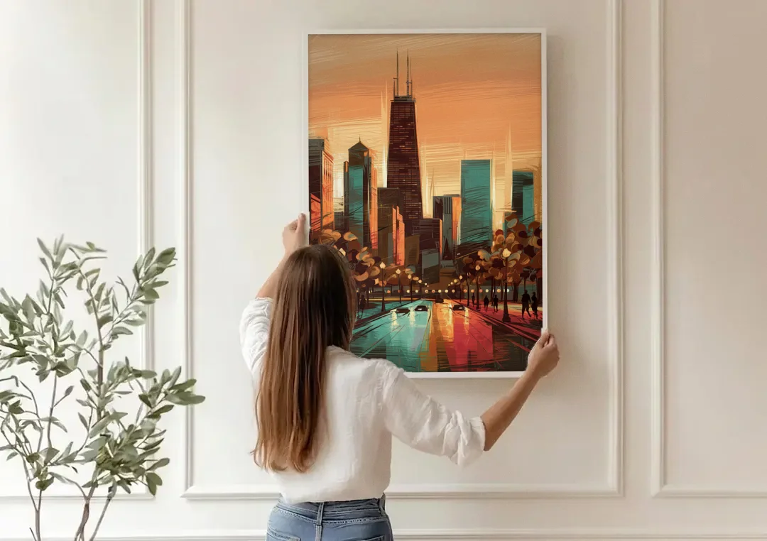 Chicago Magnificent Mile canvas wall art being hung on a paneled wall