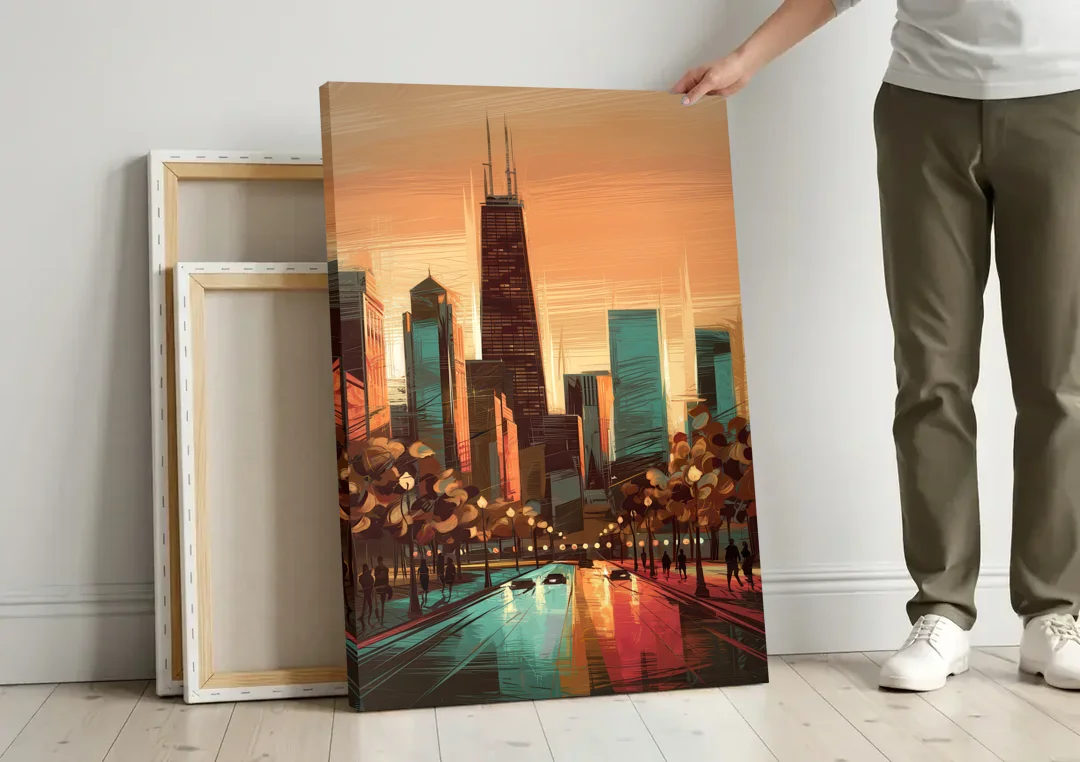 Chicago Magnificent Mile canvas wall art leaning against a wall next to blank canvases