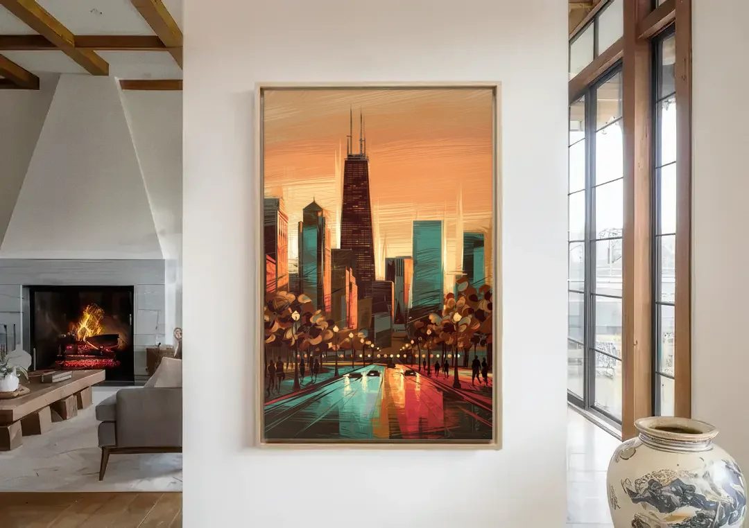 Chicago Magnificent Mile canvas wall art in a living room with a fireplace