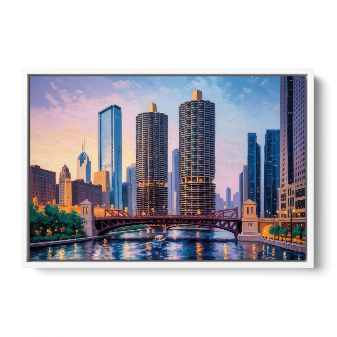 Chicago Marina City Towers Panorama - White Framed Canvas Wall Art - Front