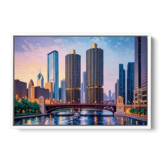Chicago Marina City Towers Panorama - White Framed Canvas Wall Art - Front