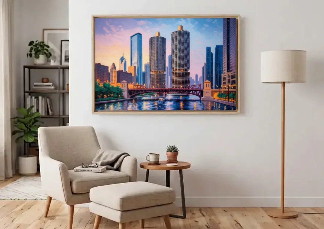 Chicago Marina City Towers Panorama canvas wall art above an armchair in a bright living room