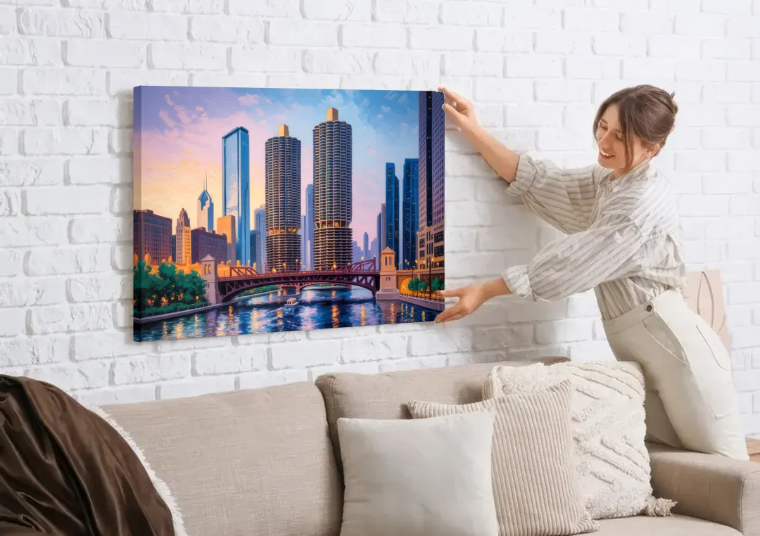 Chicago Marina City Towers Panorama canvas wall art being hung on a white brick wall above a sofa